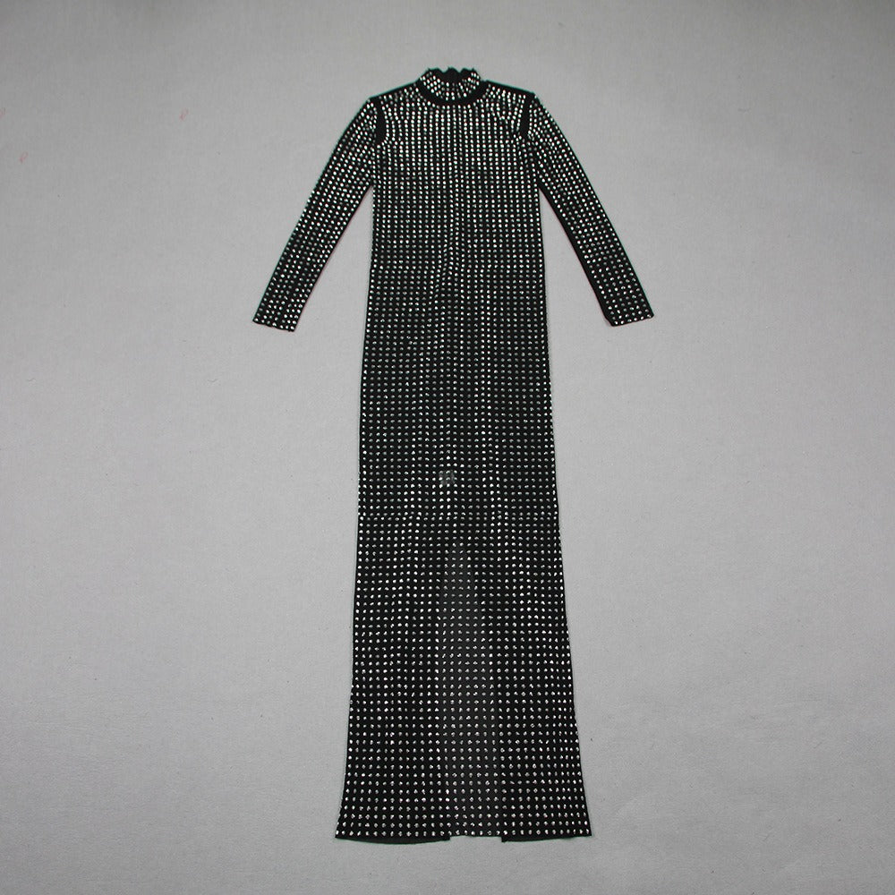 Black Diamond-Embellished Long Dress – Half High Neck Tight-Fitting Evening Gown