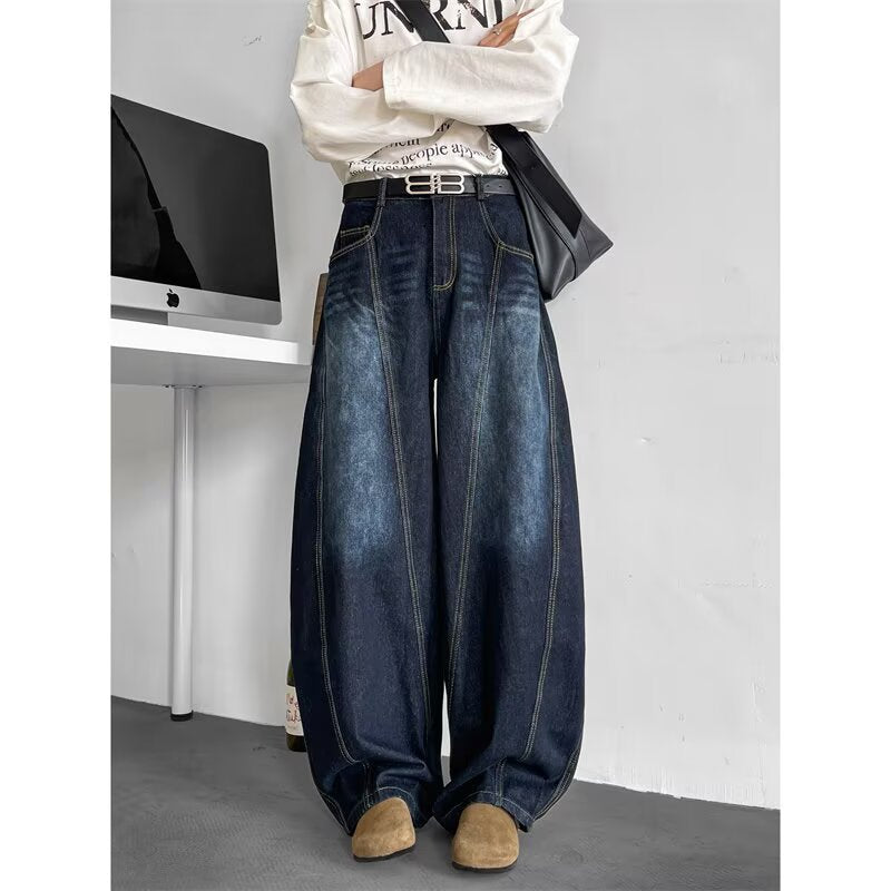 Men’s Deep Blue Washed Wide-Leg Jeans – Vintage Flow, Modern Swagger