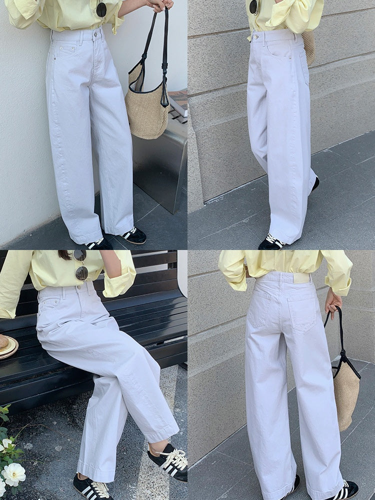 White Cotton Denim Pants – High-Waist Loose Wide-Leg Flare Trousers for Women