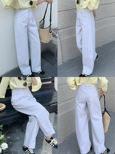 High-quality Pure Cotton White Denim Pants for Women,Loose Wide-leg Trousers with High Waist and Relaxed Fit Flare Long Pants