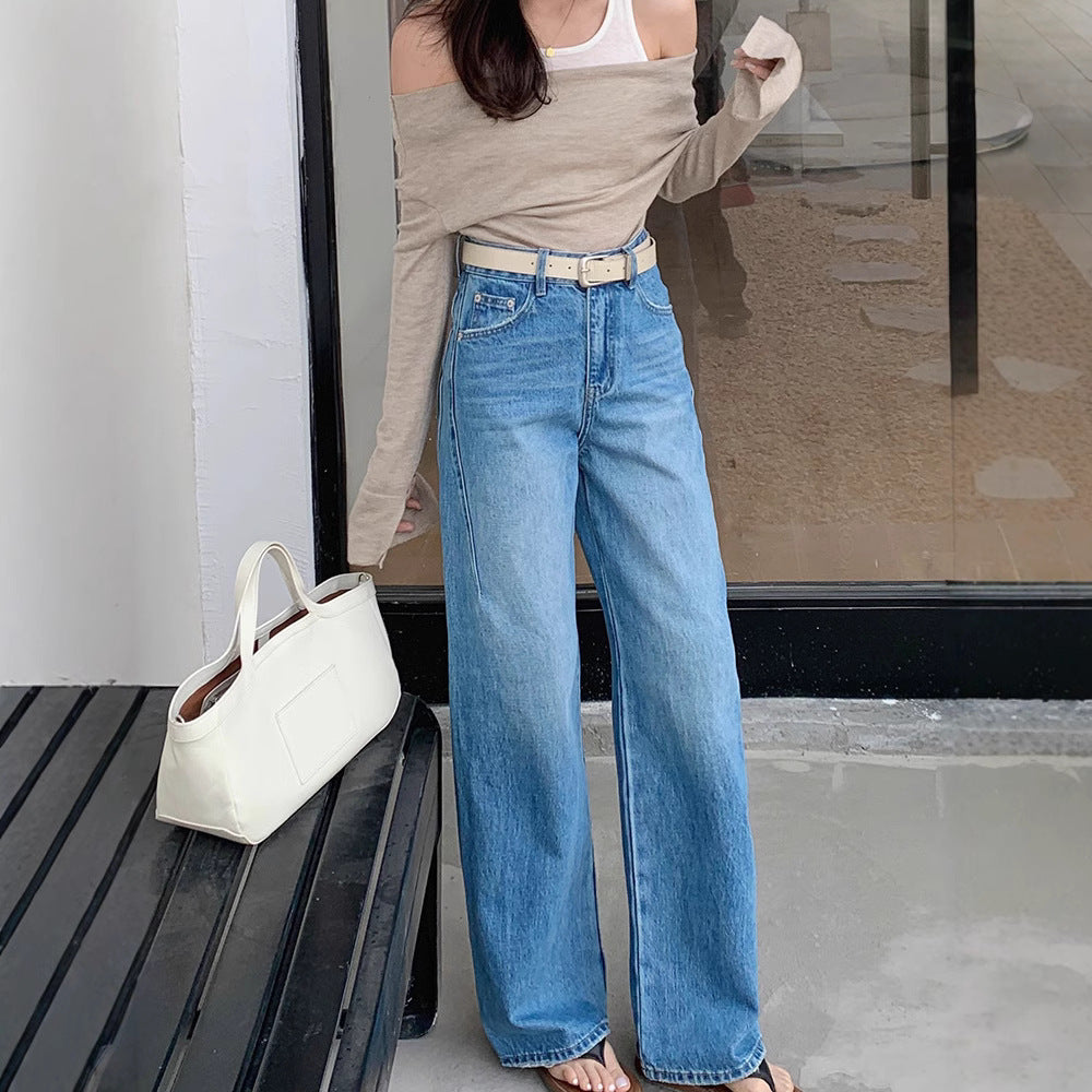 Korean Style Straight-Leg Jeans – High Waist Slimming Wide-Leg Denim for Pear-Shaped Women