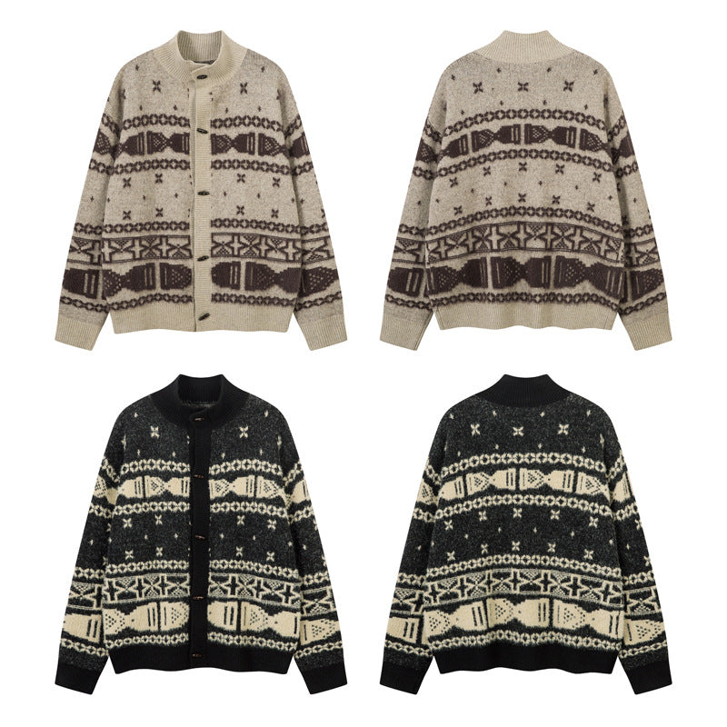 Horn Button Jacquard Knit Cardigan Sweeater