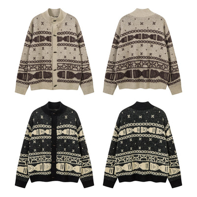 Horn Button Jacquard Knit Cardigan Sweeater