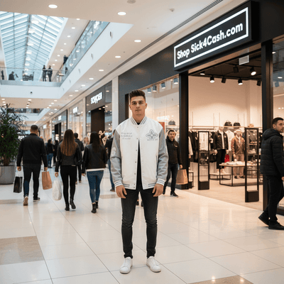 SICK4CASH Embroidered patchwork jacket baseball jacket showcased in a shopping mall setting.