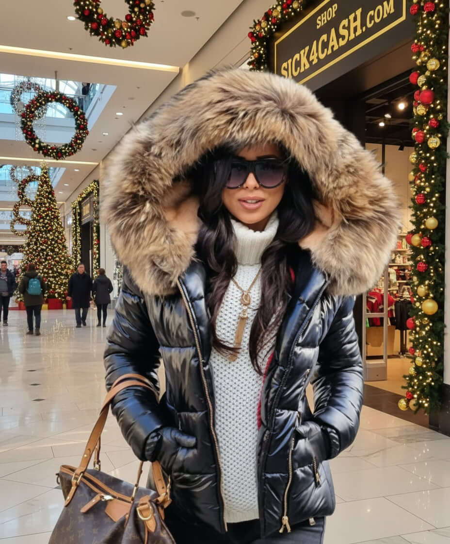 Women wearing a stylish European and American cotton jacket with fur collar in a festive shopping mall.