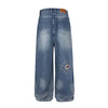 Washed Patch Embroidered Denim Pants Unisex Loose Wide Leg Straight Trousers