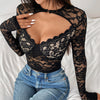 Long Sleeve Soft Lace Sexy Breathable Deep V-Neck Slim Fit Outerwear Spicy Girl Top for Women