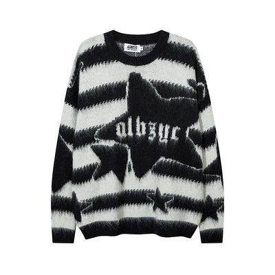 Striped Star Mohair Crew Neck Sweater Men's Loose Casual Couple Knit Top