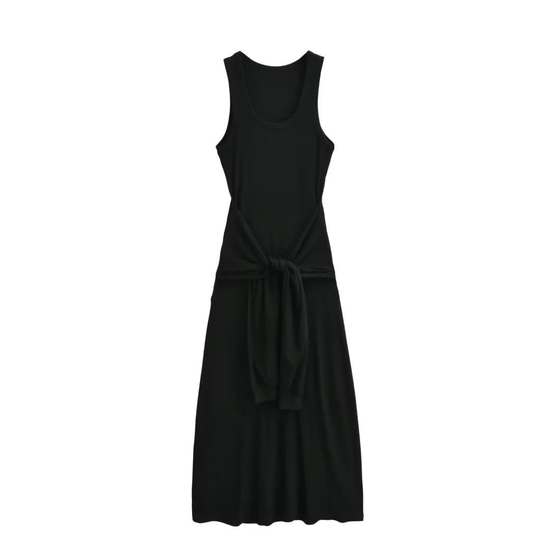 Women Cinched Waist Sleeveless Vest Dress – Layered Illusion, Sculpted Elegance
