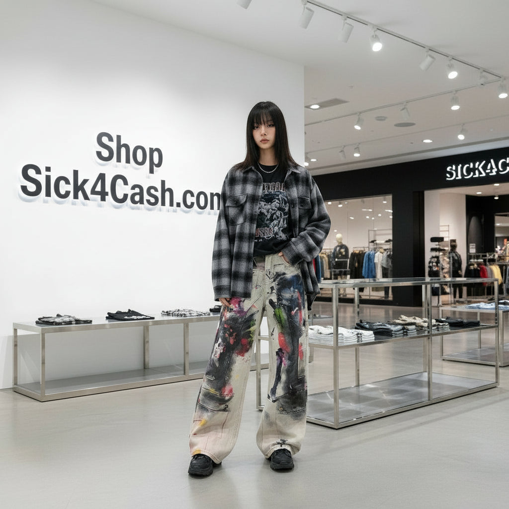 A woman wearing a brown top with the number 78 and colorful pants on a white background