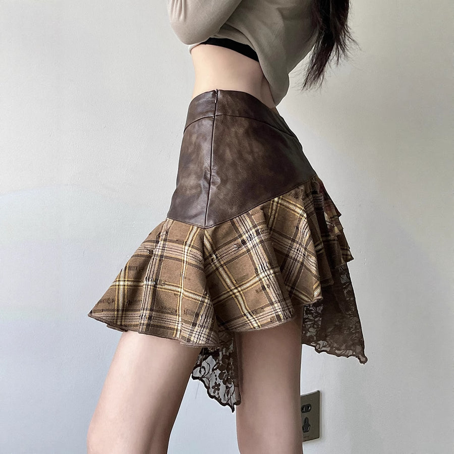 Wandering Girl Post-Apocalyptic Style Skirt with Plaid Splicing and Vintage V-Neck Waist Lace Short Skirt