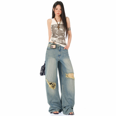 New S4cWomen's Blue Distressed Straight Jeans High Waist Loose Wide Leg Pants