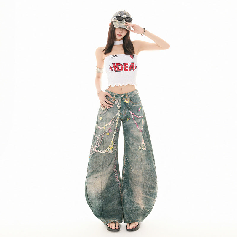 Women's Denim Pants Version High Street Wide-Leg Floor-Length Trousers