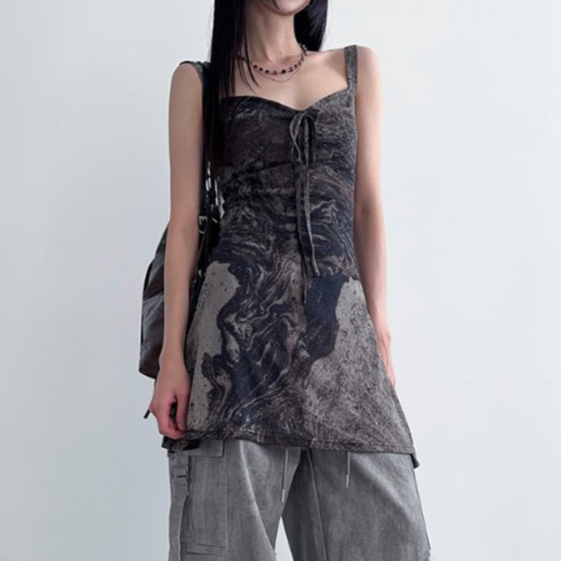 Post-Apocalyptic Dark Style Sand-Flowing Bowknot Mid-Length Strapless V-Neck Tied Backless Retro Dress