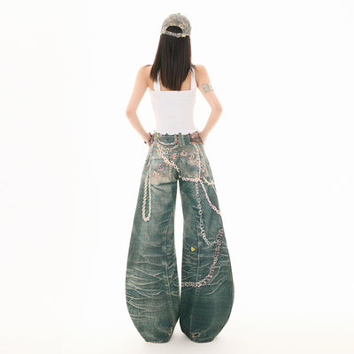 Women's Denim Pants Version High Street Wide-Leg Floor-Length Trousers