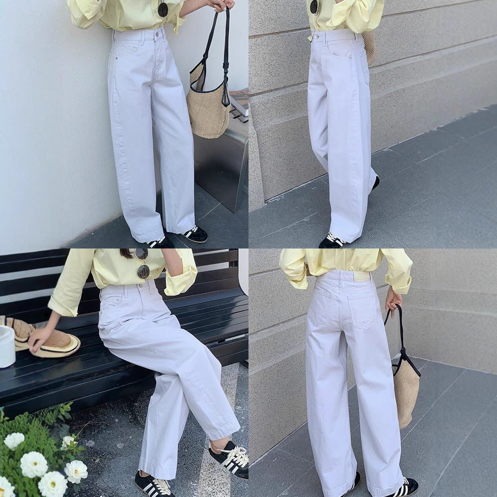 White Cotton Denim Pants – High-Waist Loose Wide-Leg Flare Trousers for Women