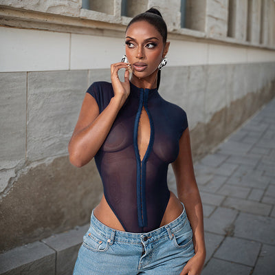 Women's metal buckle sexy perspective slim mesh jumpsuit