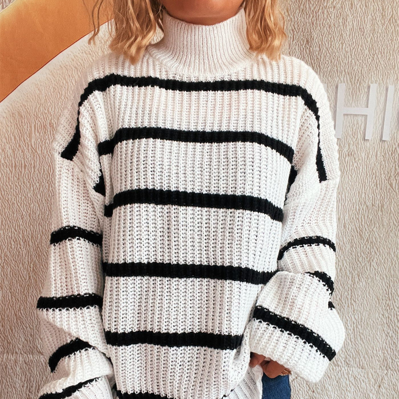 Striped Knit Pullover Sweater – Loose Fit Semi High-Neck Contrast Style for Women