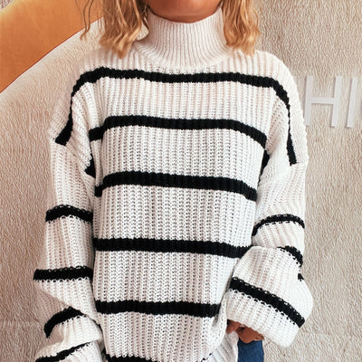 Loose striped semi high neck contrasting knit sweater pullover sweater for women