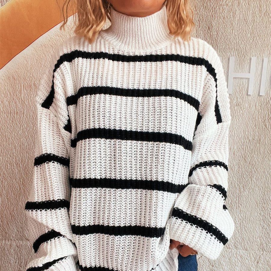 Loose striped semi high neck contrasting knit sweater pullover sweater for women