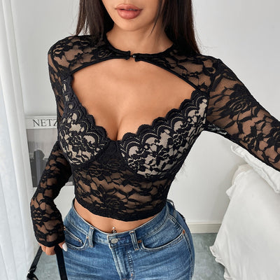 Long Sleeve Soft Lace Sexy Breathable Deep V-Neck Slim Fit Outerwear Spicy Girl Top for Women