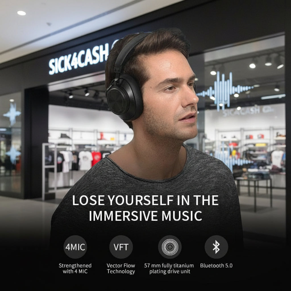 Man wearing headphones with a store in the background, featuring text about immersive music experience.