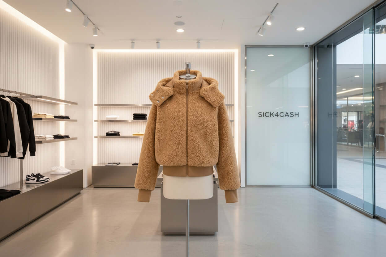 Brown jacket on a mannequin in a store with 'SICK4CASH' branding.