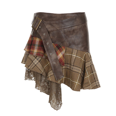 Wandering Girl Plaid-Spliced Lace Skirt