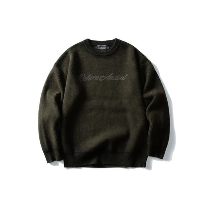 Trend Round Neck Knit Sweater Men Loose Casual Color Block Letter Sweater
