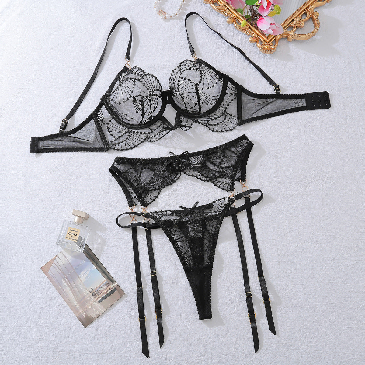 Embroidered Lace Lingerie Set – 3-Piece Sheer Bra, Panty & Garter Belt