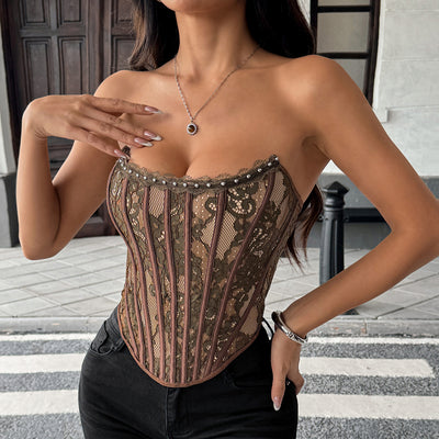 Elegant Pure Temptation Floral Lace Fitted Boned Backless High-End Sexy Wrap Top