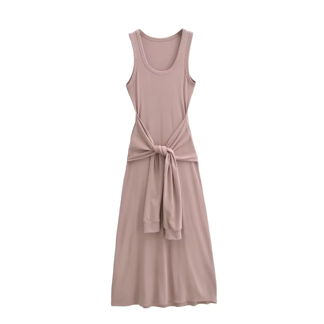 Women Cinched Waist Sleeveless Vest Dress – Layered Illusion, Sculpted Elegance