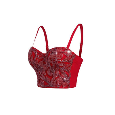 Elastic Red Bone Chest Support Sequin Embroidered Strap Camisole