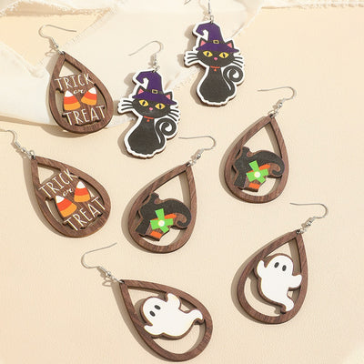 Halloween Wooden Kitten Ghost Pumpkin Bat Earrings Fun Funny Cartoon Pumpkin Earrings