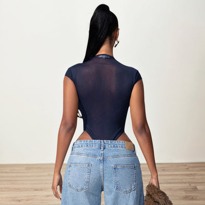 Women's metal buckle sexy perspective slim mesh jumpsuit