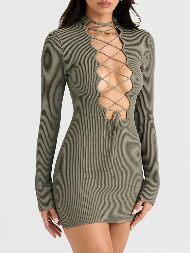 Women's Sexy Lace-Up Bodycon Bandage Dress – Green, Long Sleeve