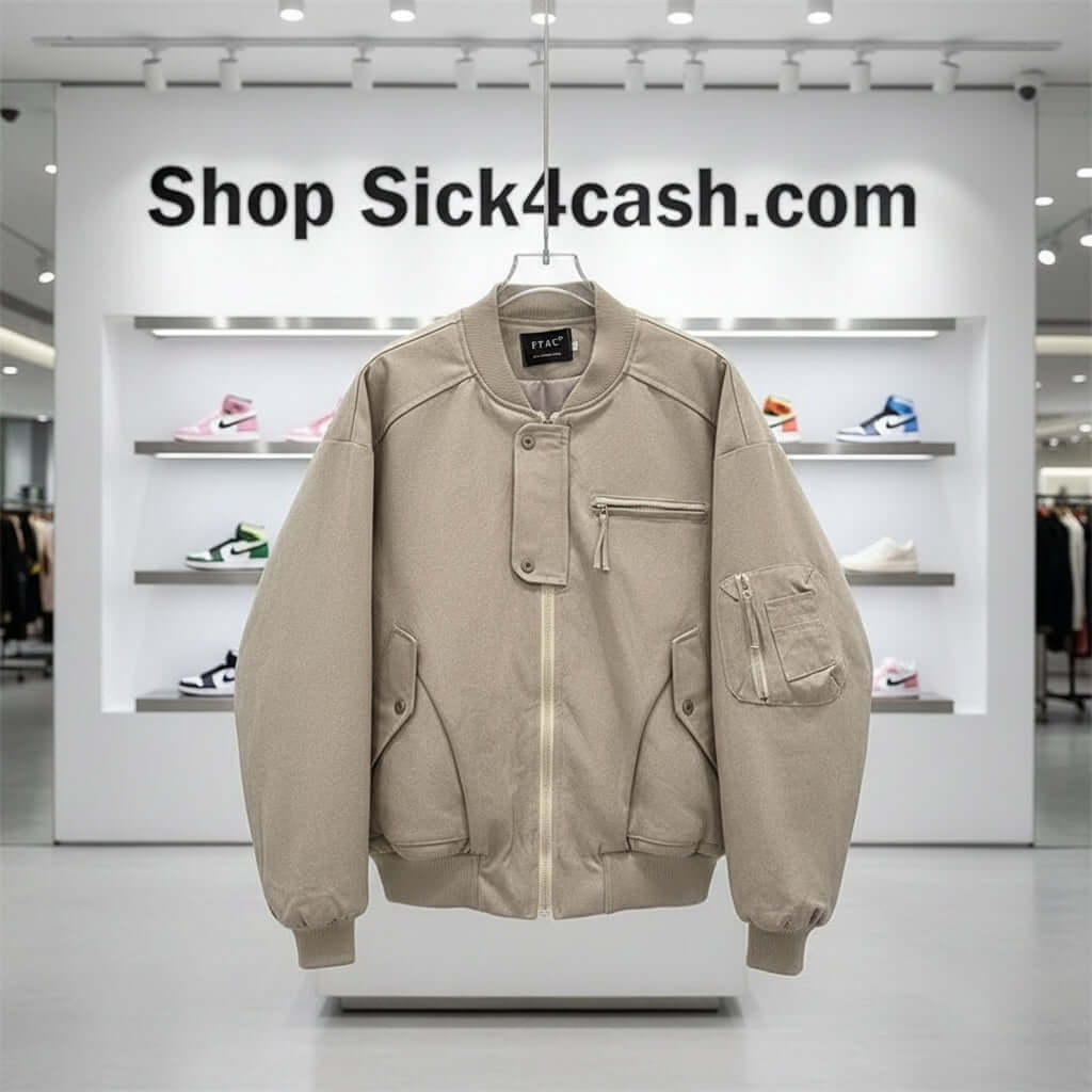 Pilot canvas short and wide jacket in beige, featuring a collarless design and casual style for men.