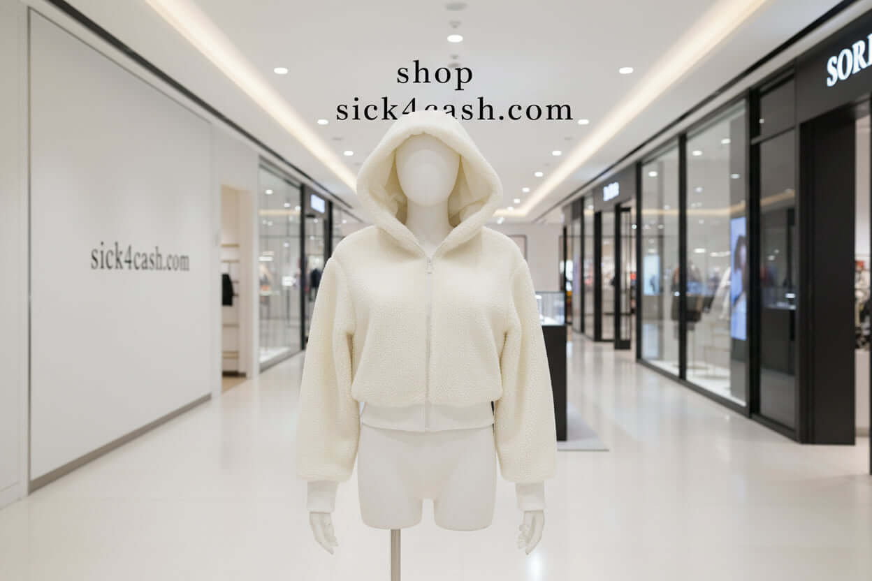 Mannequin wearing a white hoodie in a shopping mall with 'sick4cash.com' branding.