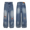 Washed Patch Embroidered Denim Pants Unisex Loose Wide Leg Straight Trousers