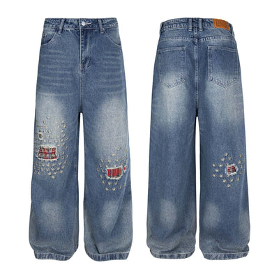 Washed Patch Embroidered Denim Pants Unisex Loose Wide Leg Straight Trousers