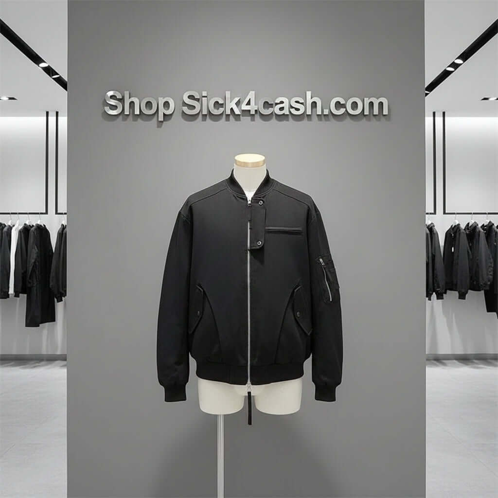 Pilot canvas short and wide jacket displayed on a mannequin in a modern retail setting.