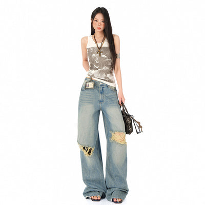 New S4cWomen's Blue Distressed Straight Jeans High Waist Loose Wide Leg Pants