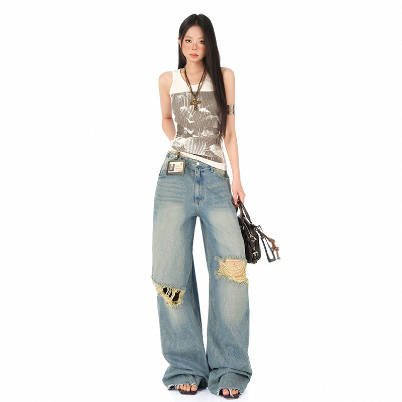 New S4cWomen's Blue Distressed Straight Jeans High Waist Loose Wide Leg Pants