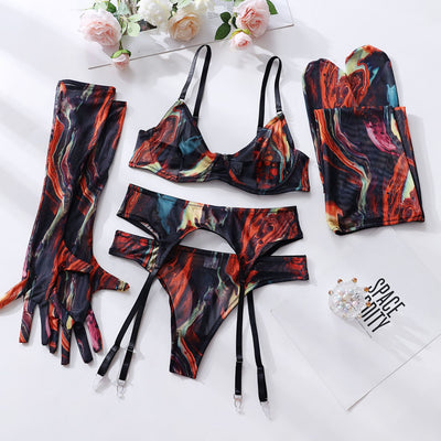 Lingerie Set with Gloves and Stockings - Mesh Printed Design