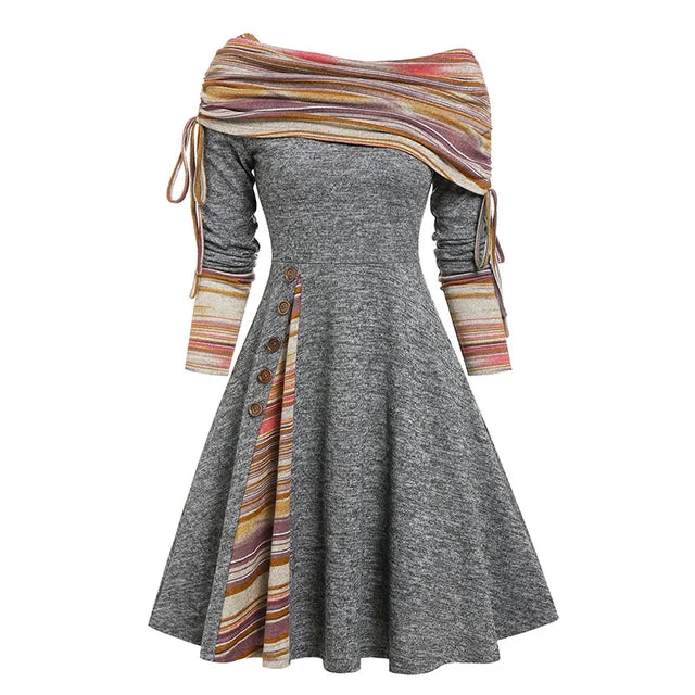 Women's Fall Winter Convertible Neck Cinched Striped Flare A-Line Dress – Long Sleeve Casual Vestidos