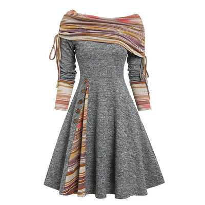 Women's Fall Winter Convertible Neck Cinched Striped Flare A-Line Dress – Long Sleeve Casual Vestidos