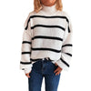 Loose striped semi high neck contrasting knit sweater pullover sweater for women