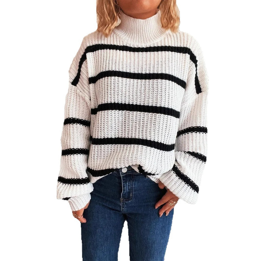 Striped Knit Pullover Sweater – Loose Fit Semi High-Neck Contrast Style for Women