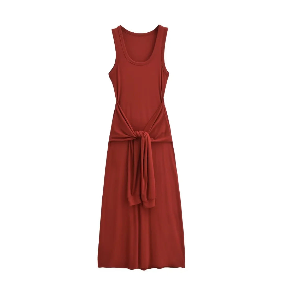 Women Cinched Waist Sleeveless Vest Dress – Layered Illusion, Sculpted Elegance