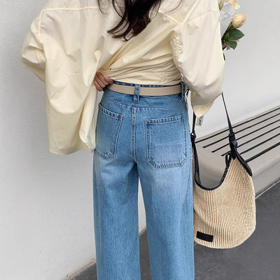 Tailored Denim Pants Women Design High Waist Loose Slimming Long Pants Vertical Feel Narrow Leg Wide-Leg Pants